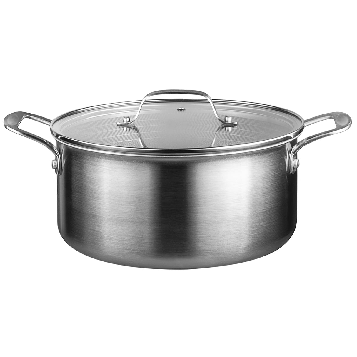 Stainless steel pot with lid on a white background