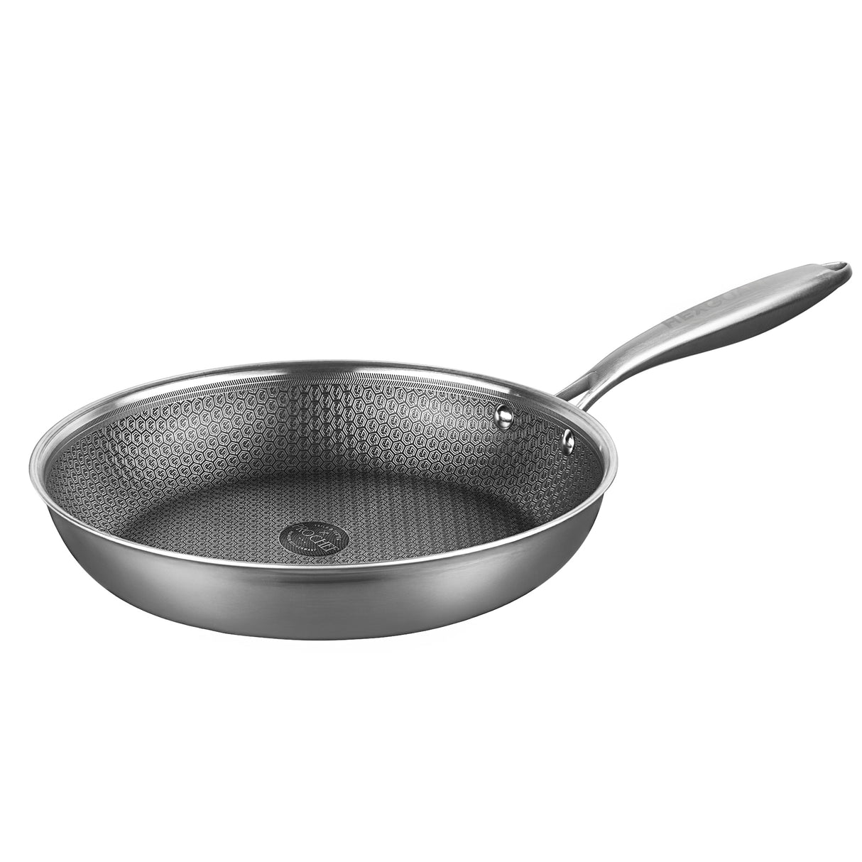 Stainless steel frying pan with textured surface on a white background