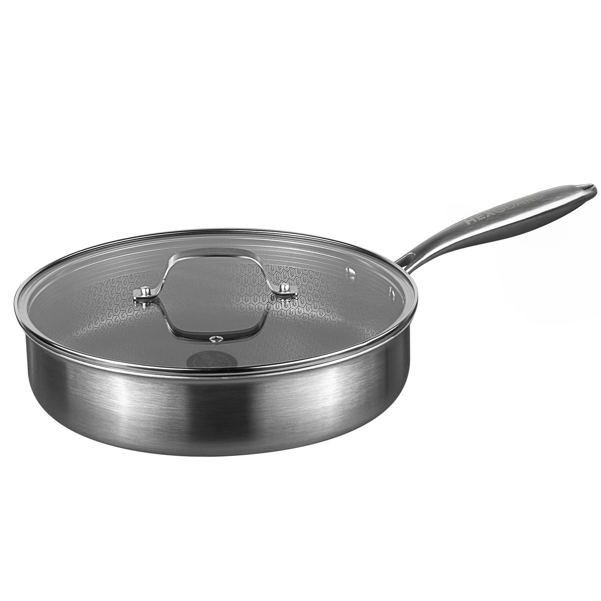 Stainless steel saute pan with lid on a white background