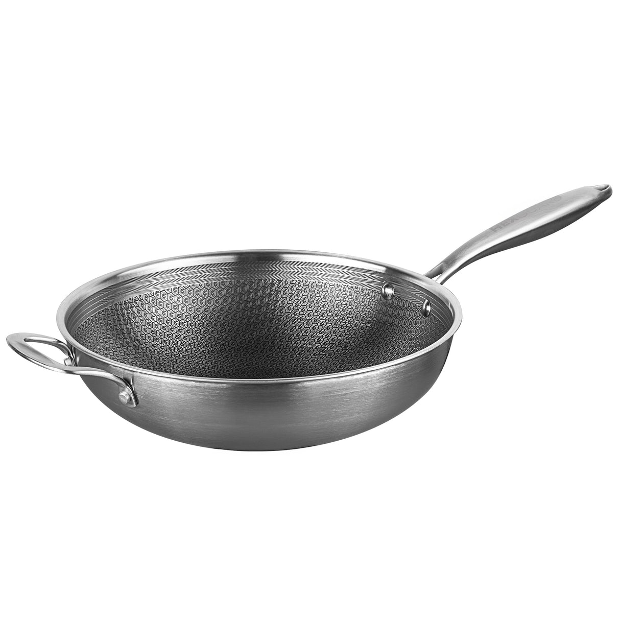 Stainless steel wok with a textured surface on a white background