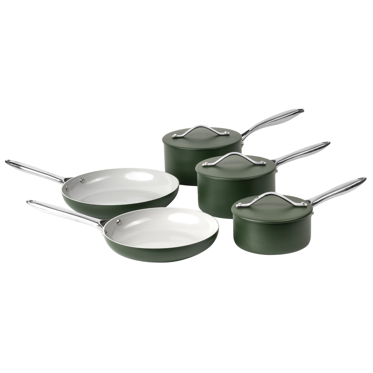 ProChef set of 5 green pans, including three saucepans with lids and two frying pans, all on a white background