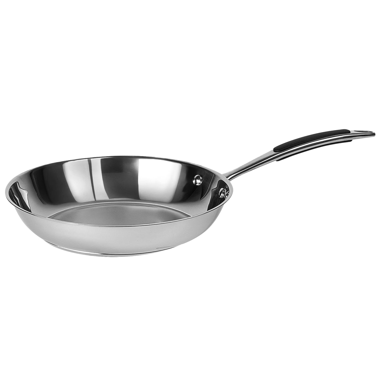 ProChef stainless steel frying pan with polished interior and ergonomic black-handled grip, designed for versatile everyday cooking.