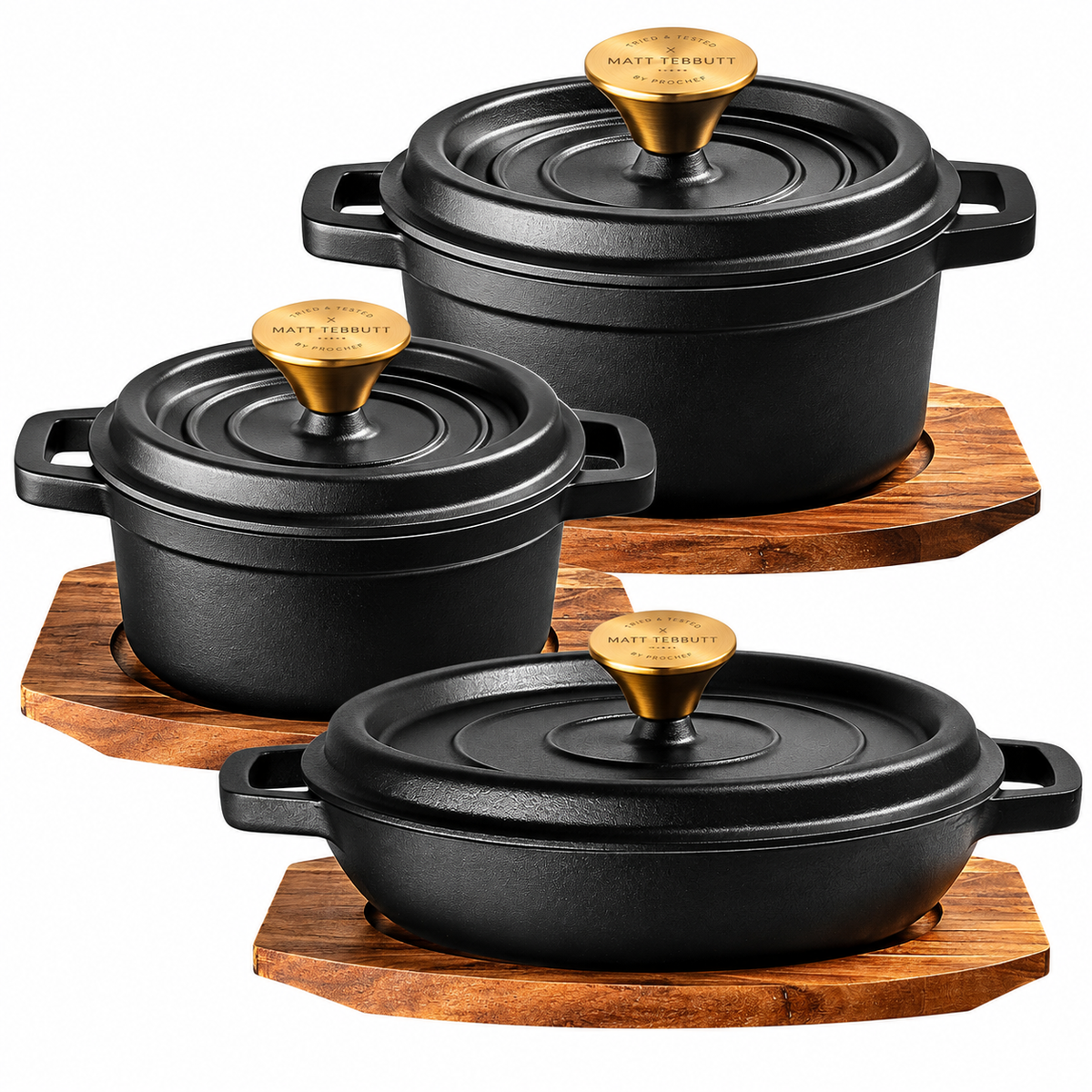 Matt Tebbutt Matte Black Cast Iron Casserole Set, 3 Piece