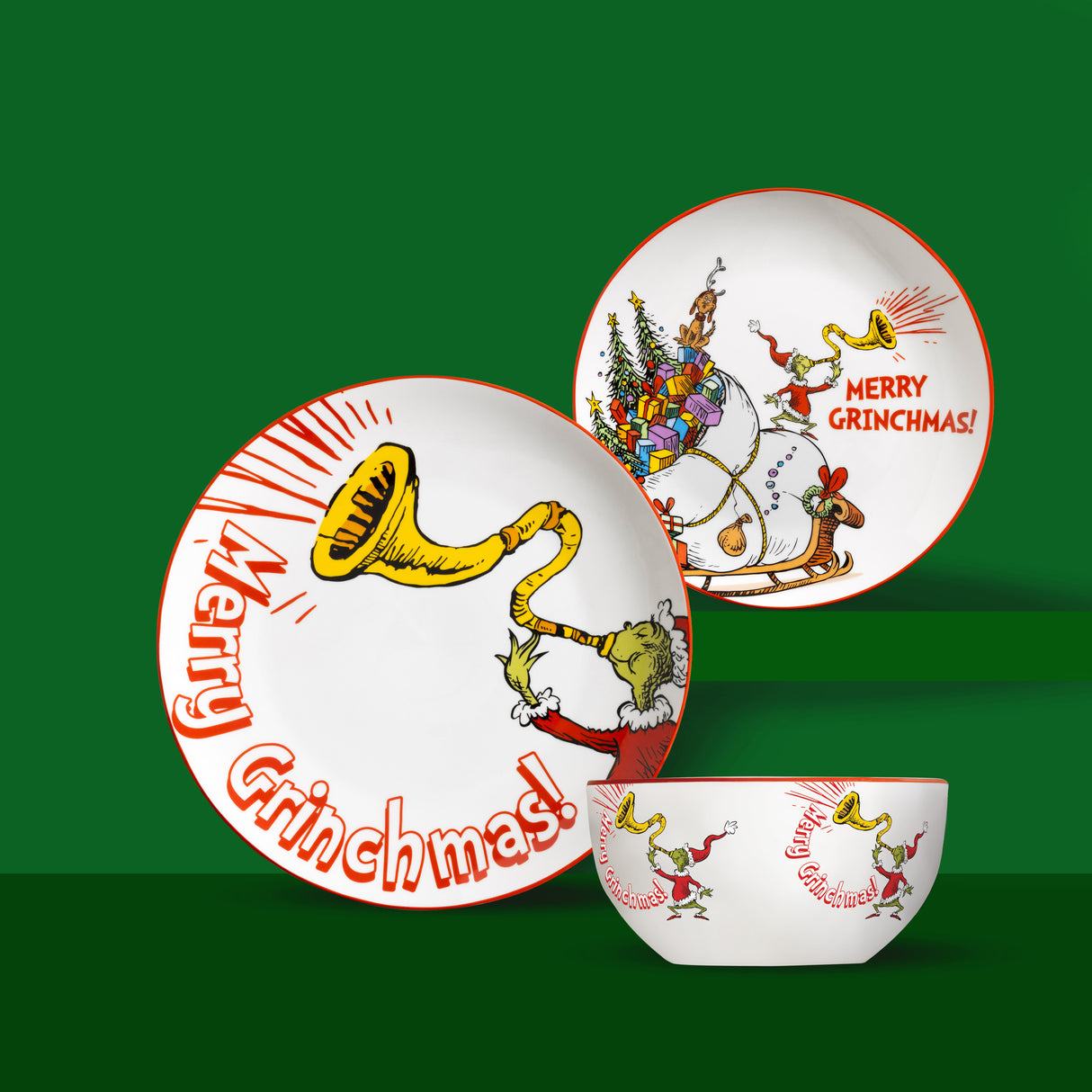 The Grinch ‘Merry Grinchmas’ 12PC Porcelain Dinner Set Christmas Plates & Bowls