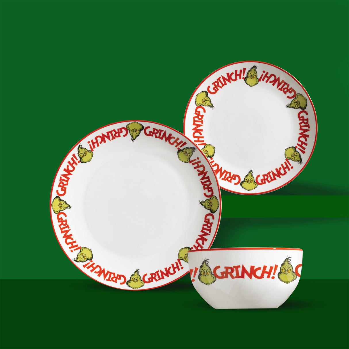 The Grinch 12pc Porcelain Dinner Set Pattern Plates & Bowls Christmas Dinnerware