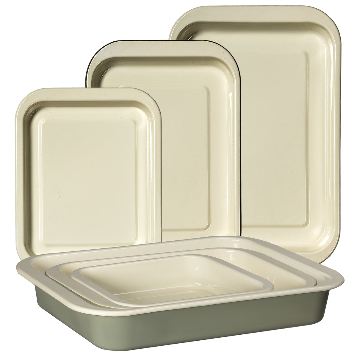 J&L 6-Piece Enamel Oven Tray & Roasting Tin Set, Sage Green & Cream