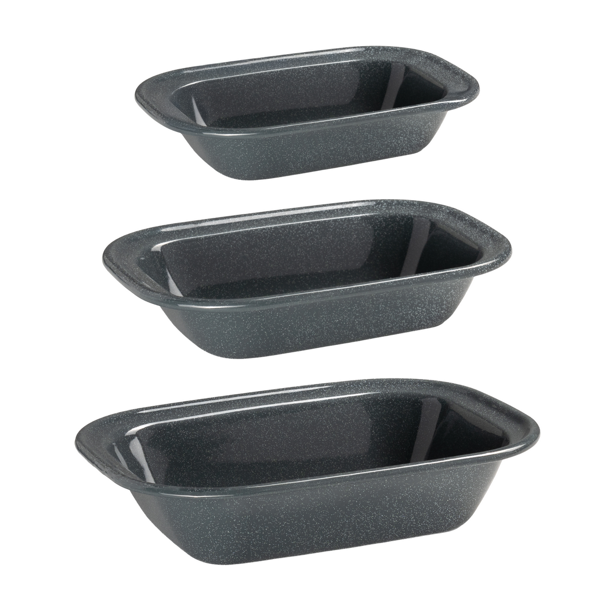 Three grey enamel pie dishes stacked on a white background