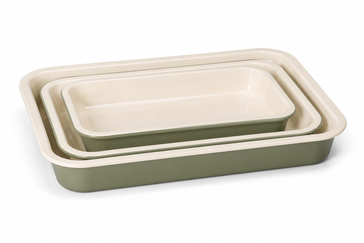 J&L 6-Piece Enamel Oven Tray & Roasting Tin Set, Sage Green & Cream