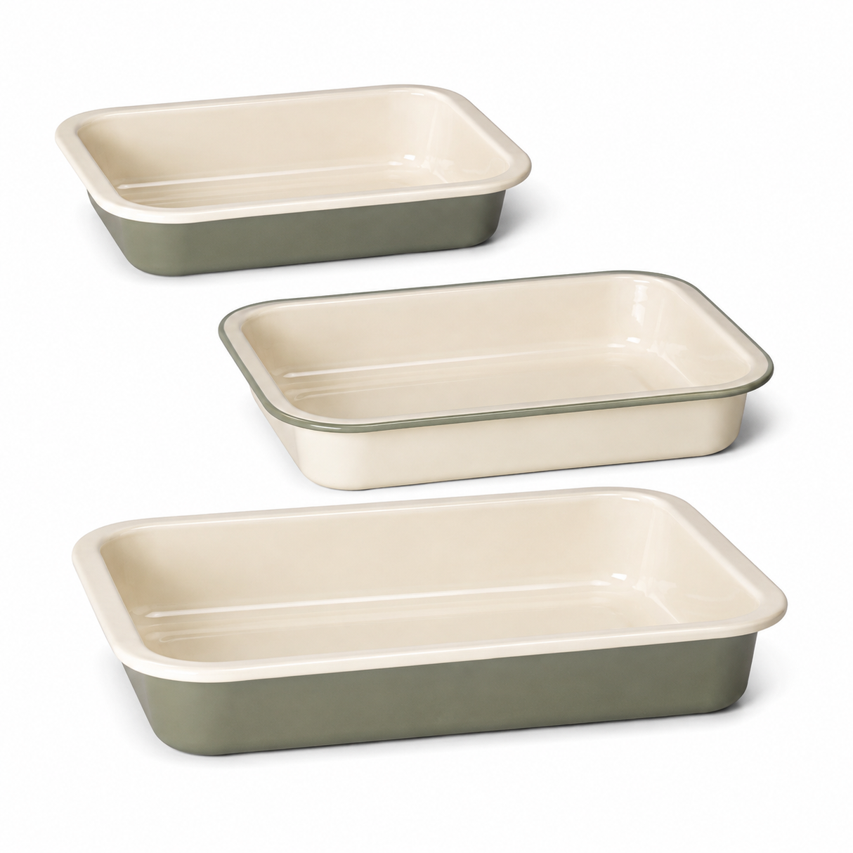 J&L 3-Piece Enamel Roasting Tin Set, Sage Green & Cream