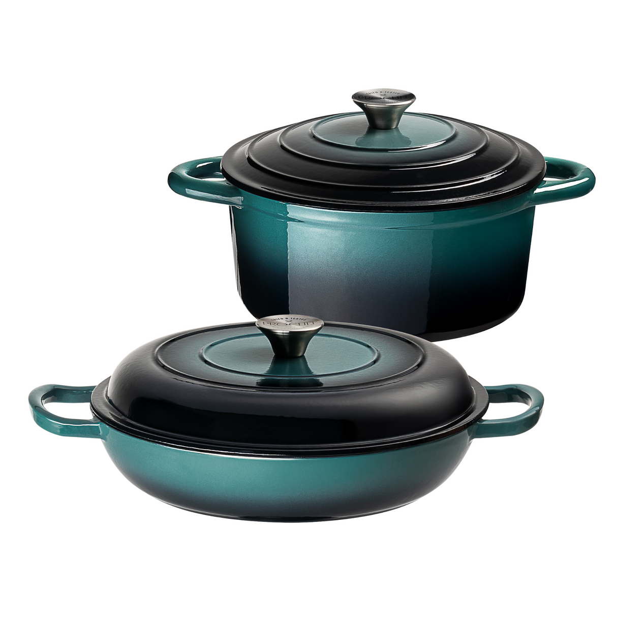 Two ProChef cast iron casserole dishes in gradient teal with lids, one deep and round and one shallow and round.