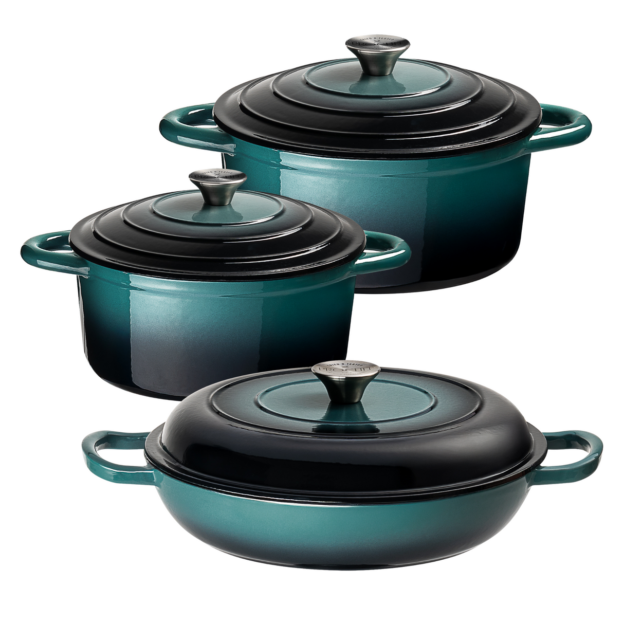 Set of three teal enameled cast iron cookware pieces on a white background