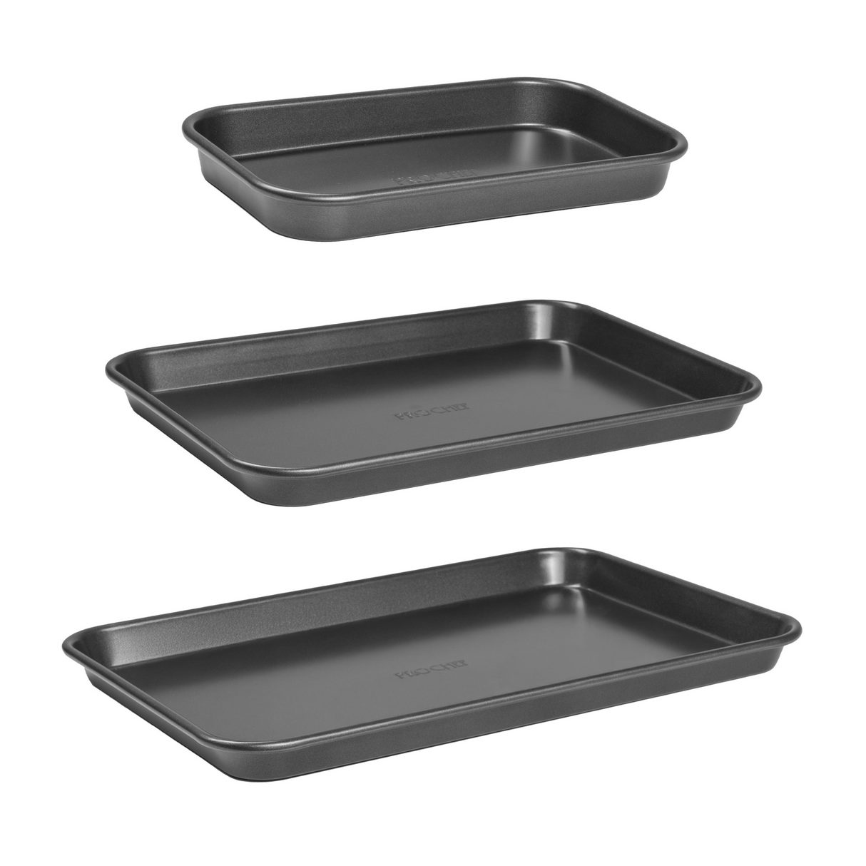 Three black baking trays with 'ProChef' branding on a white background