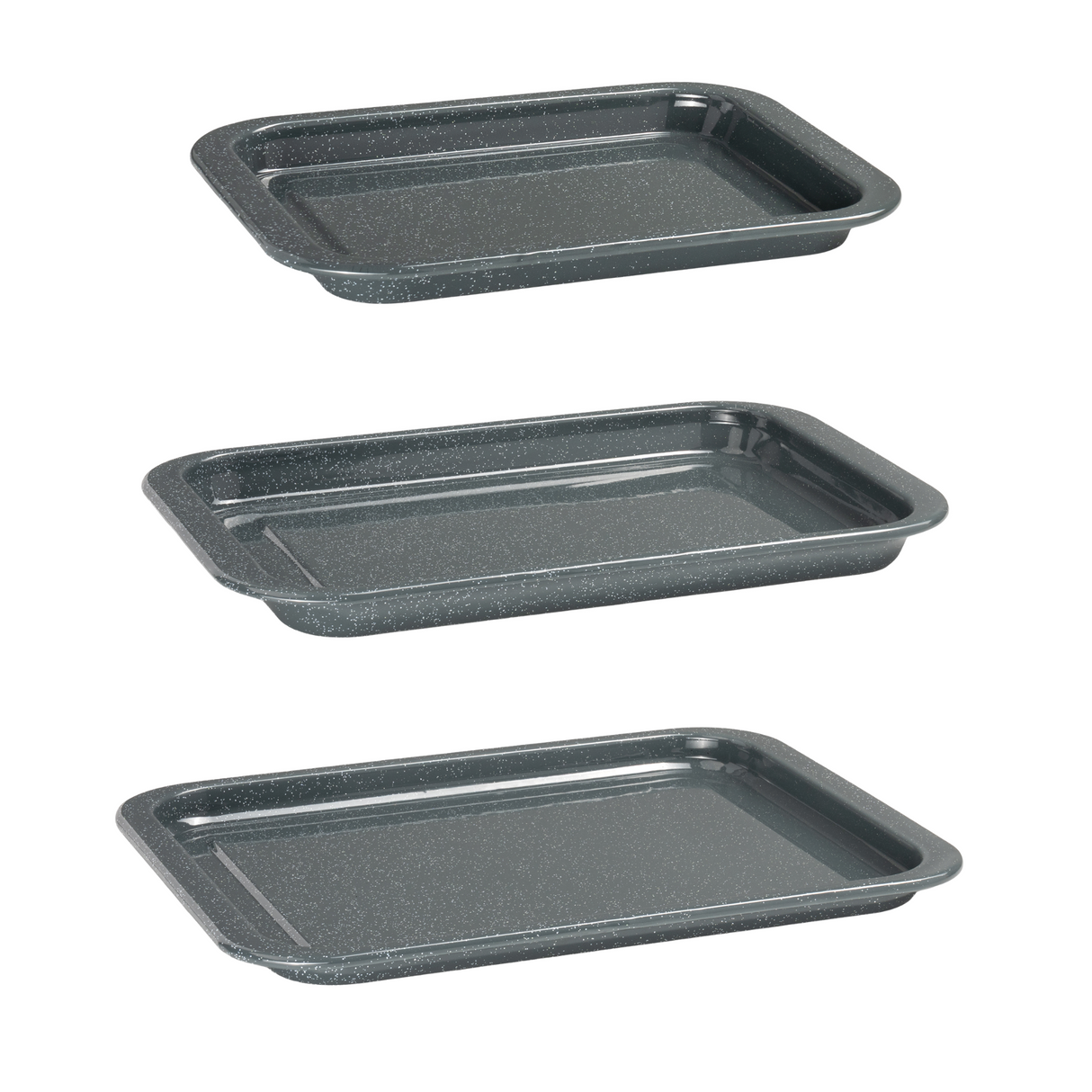 Three grey speckled enamel oven trays in different sizes, shown stacked vertically.