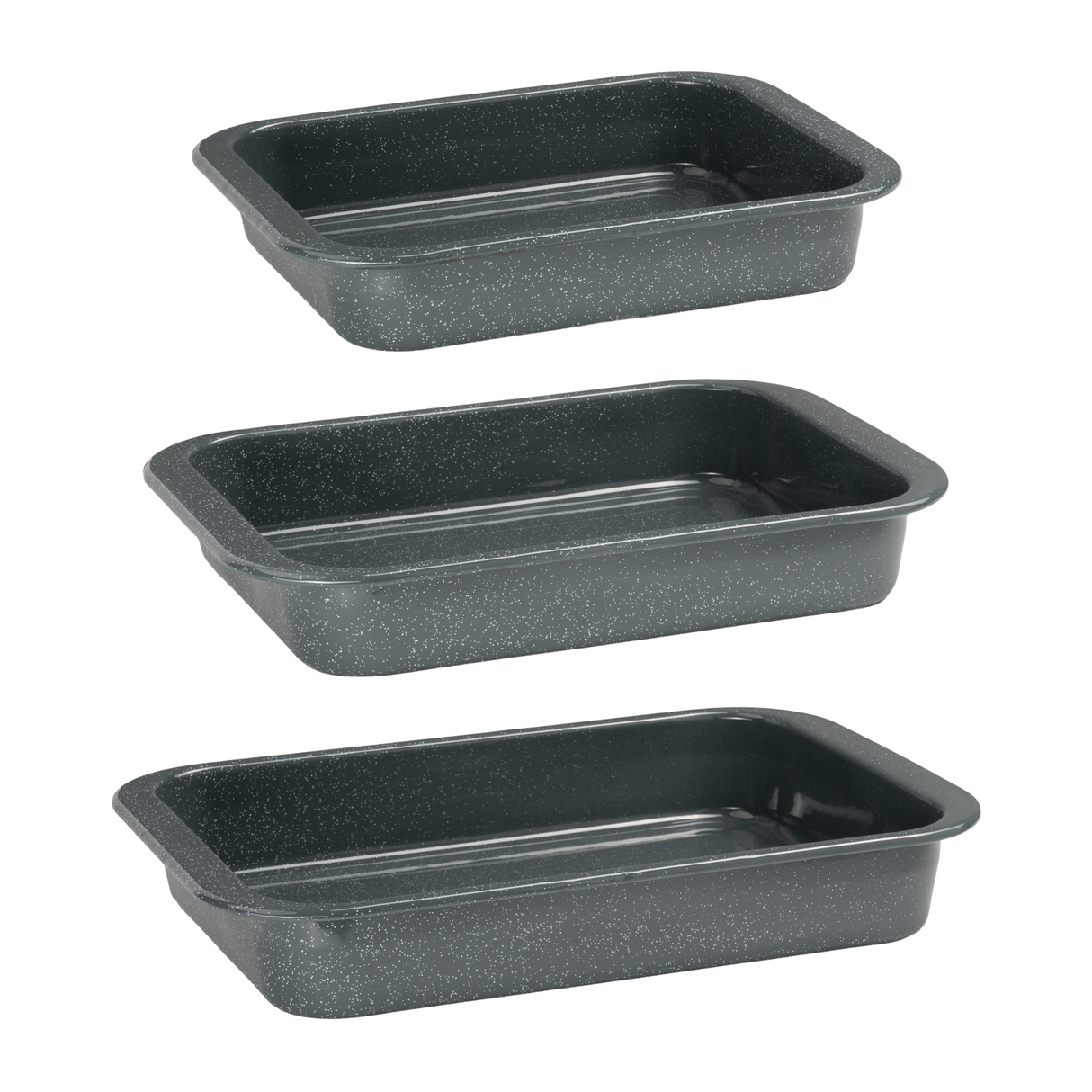 Set of three rectangular non-stick enamel roasting trays in grey speckled finish, ideal for baking and roasting.