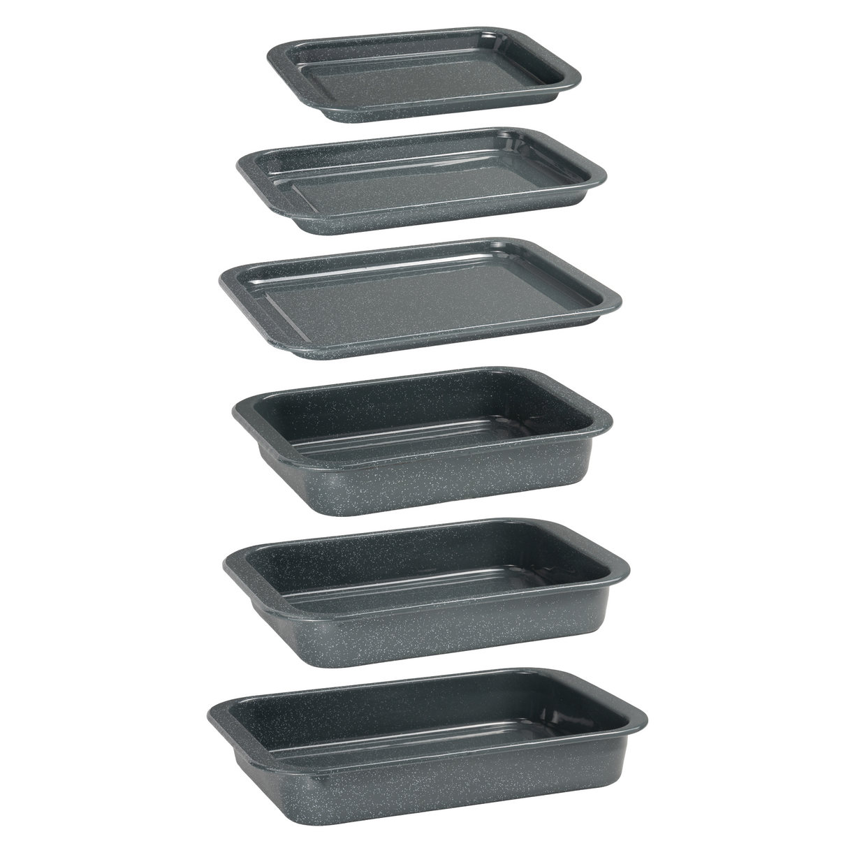 Set of six grey speckled enamel oven trays and roasting tins in assorted sizes, displayed in a vertical layout.