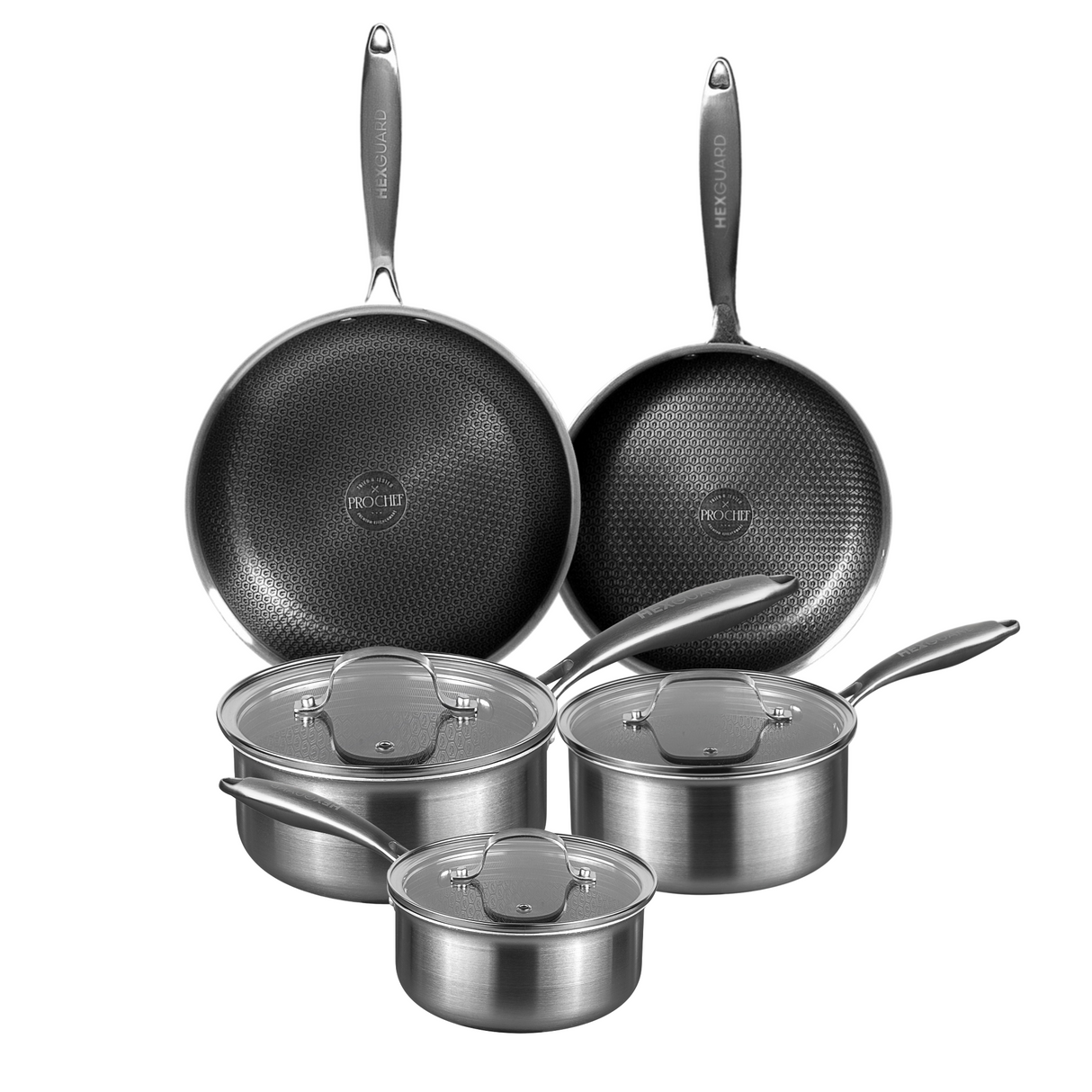 Set of 5 stainless steel pans with non-stick coating on a white background
