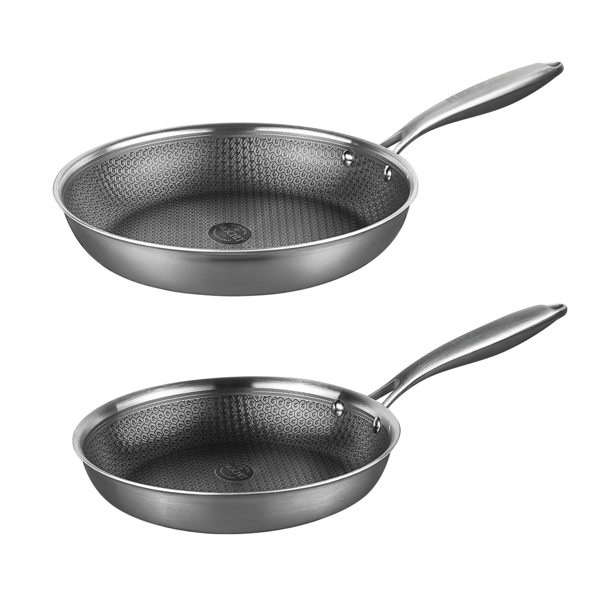 Two stainless steel frying pans with hex-pattern non-stick interiors.