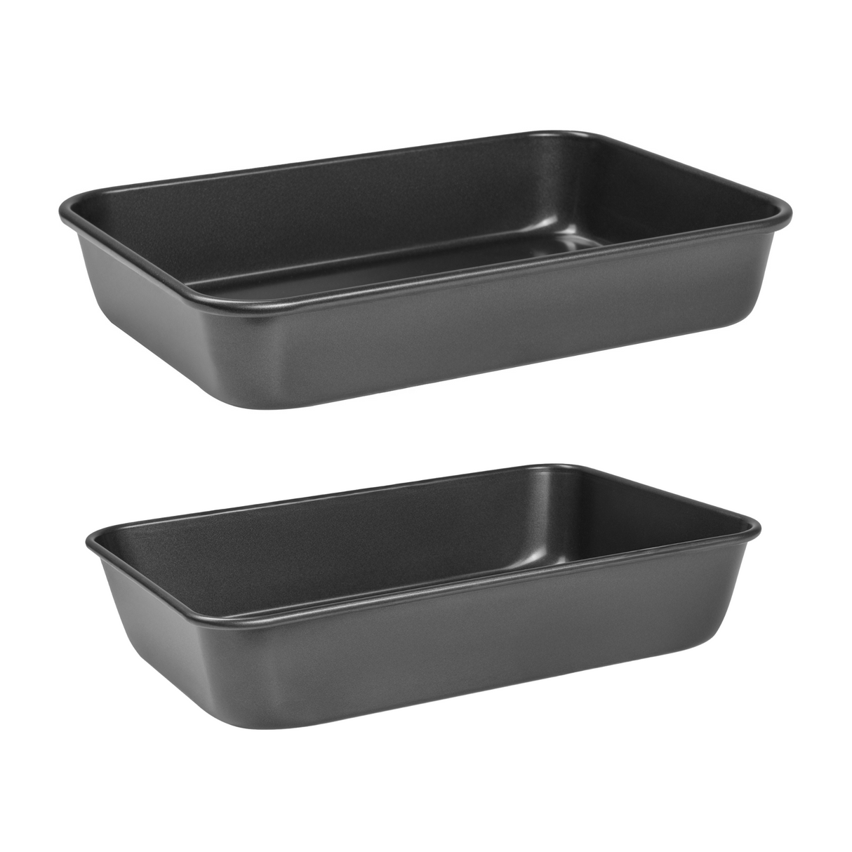 Two black rectangular roasting tins on a white background