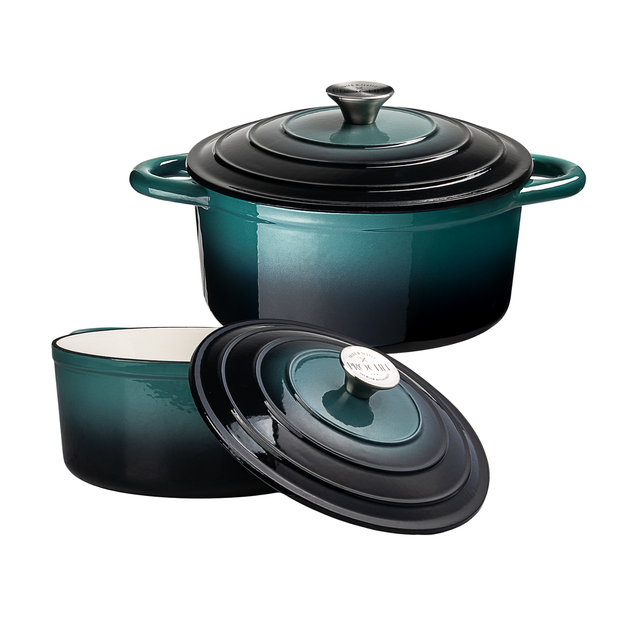 Two ProChef cast iron casserole dishes in gradient teal with lids, shown with one dish open to display the enamel interior.