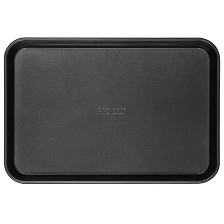 Top down shot of a ProChef black rectangular oven tray with embossed logo on a white background