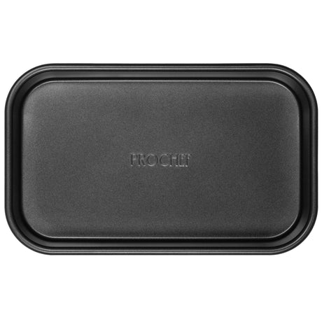 Top down shot of a black rectangular oven tray with embossed logo on a white background