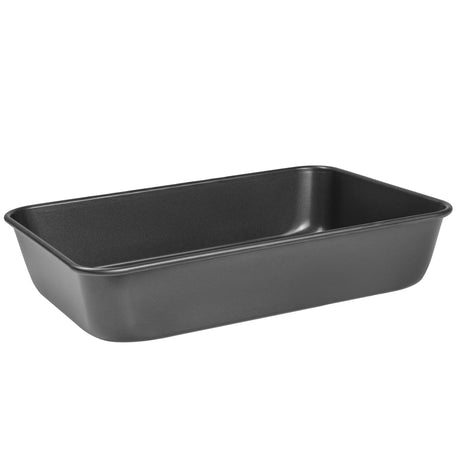 A large, black, metal roasting tin