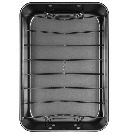 Top down shot of a ProChef black carbon steel roasting tin with V-rack