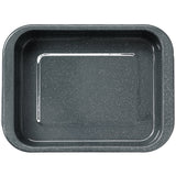 Top down shot of a grey speckled enamel roasting tin on a white background