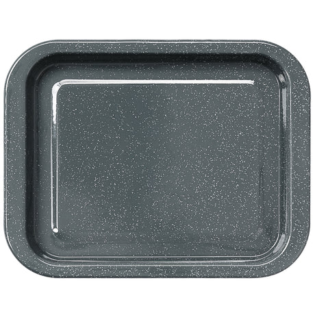 Grey speckled baking tray on a white background