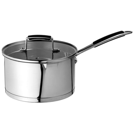 Stainless steel saucepan with lid on a white background