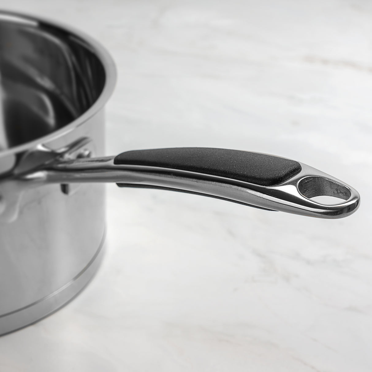 Close-up of a ProChef stainless steel saucepan handle with easy grip silicone on a white background