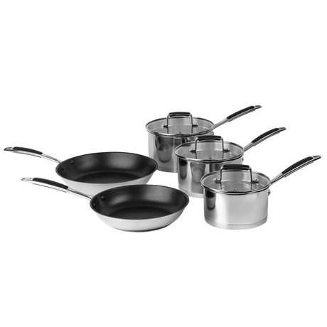 Set of ProChef stainless steel cookware including two frying pans and three saucepans on a white background