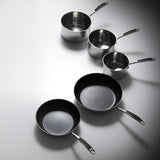 Set of ProChef stainless steel cookware including pots and pans on a gray background
