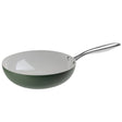 Green wok pan with a silver handle on a white background