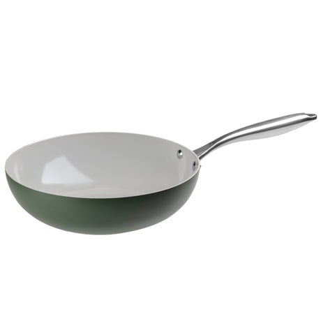 Green wok pan with a silver handle on a white background