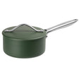 Green saucepan with a silver handle on a white background