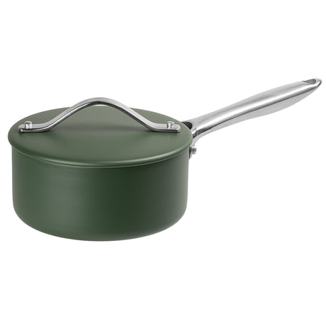 Green saucepan with a silver handle on a white background