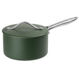 Green saucepan with a silver handle on a white background