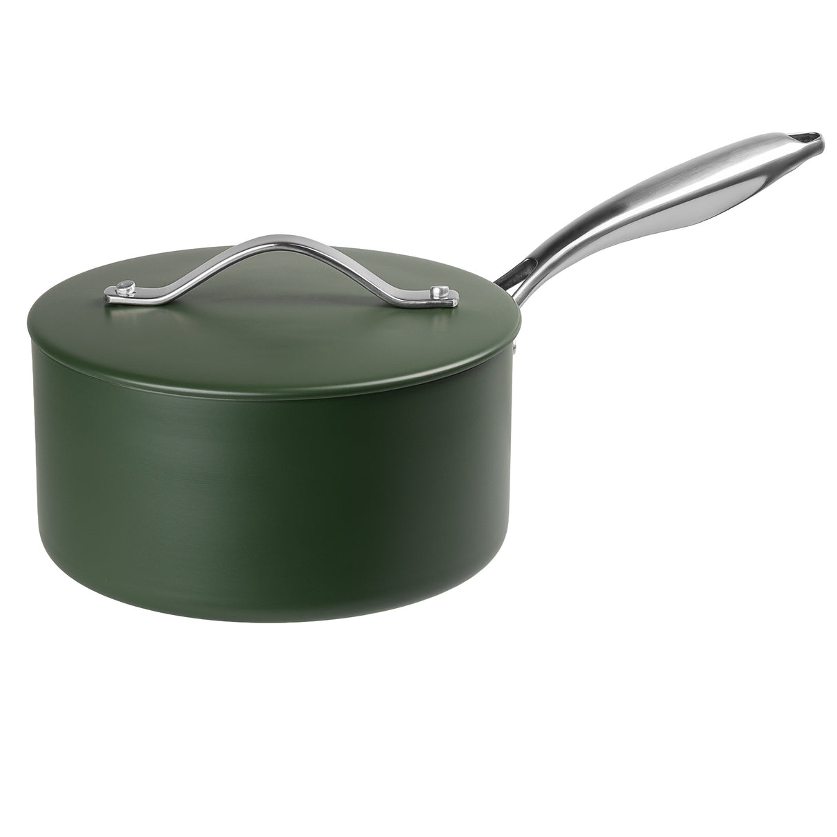 Green saucepan with a lid on a white background