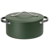 Green pot with lid and handles on a white background