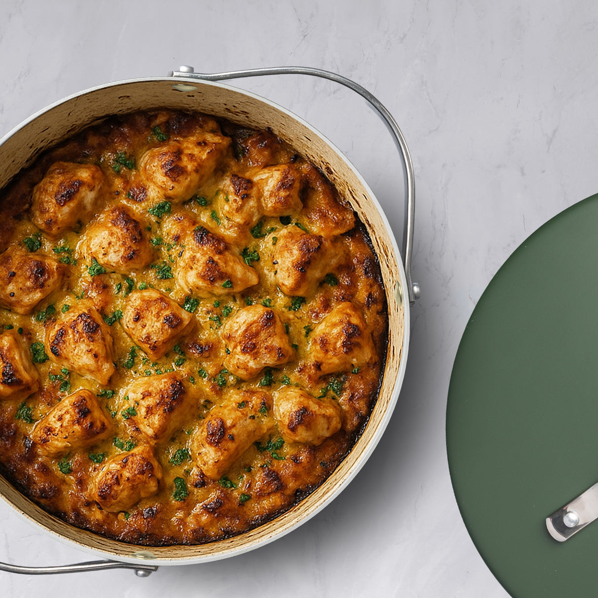 Round green cast aluminium casserole dish filled with golden baked chicken pieces in a creamy sauce, shown on a marble surface with the matching lid to the side.