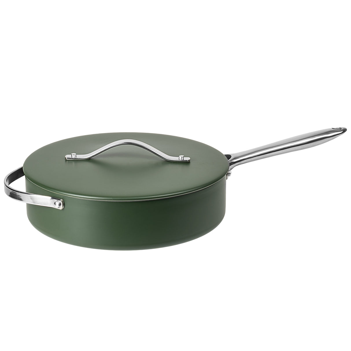 Green frying pan with a lid on a white background