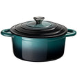 ProChef teal enamelled cast iron Dutch oven with lid on a white background