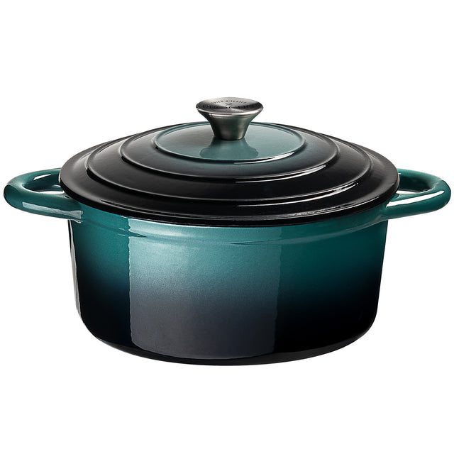 ProChef teal enamelled cast iron Dutch oven with lid on a white background