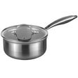 Stainless steel saucepan with lid on a white background