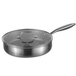 Stainless steel saute pan with lid on a white background