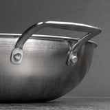 Close-up of a stainless steel wok with a handle on a grey background