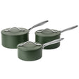 Set of three ProChef green cookware pots with lids on a white background