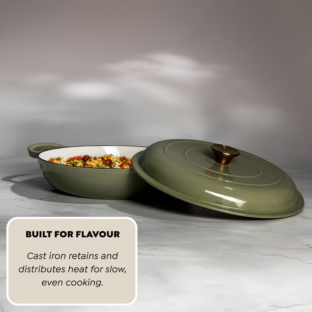 J&L 30cm Cast Iron Sage Green Shallow Casserole Dish