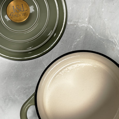 J&L 5-Piece Cast Iron Pan & Casserole Dish Set, Sage Green